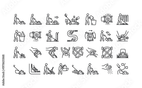 Lawn mower usage with mowing, pushing, self-propelling, adjusting height, emptying catcher, mulching, and grass trimming actions