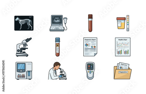 Diagnostic and lab services with X-ray scan, ultrasound device, blood test vial, urine test kit, lab microscope, pet sample tube,