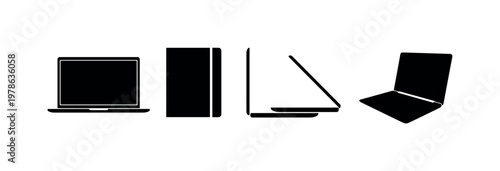 Slim ultrabook laptop open, thin bezel notebook closed, compact travel laptop side view, lightweight metal laptop half open,