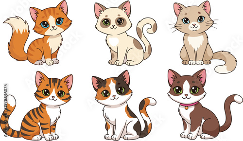 Cute Cat Cartoon Illustration Set with Different Breeds and Sitting Poses Collection for Pets, Kids Design, Animal Characters, and Domestic Projects
