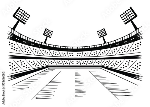 Black and White of a Sports Stadium with Floodlights and Empty Seats
