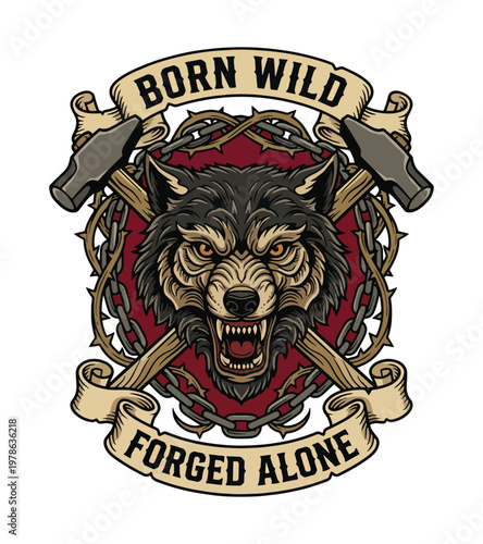 Aggressive fierce wolf head with crossed hammers chains and thorns emblem symbolizing strength and rebellionborn wild forged alone vintage retro t shirt design