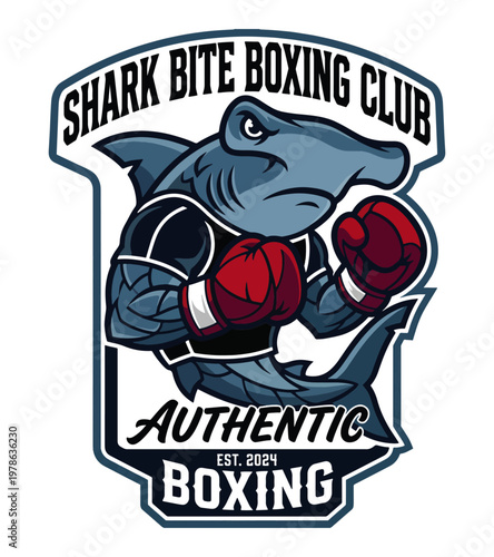 Aggressive cartoon hammerhead shark character wearing boxing gloves and a sports outfit representing a boxing club with text SHARK BITE BOXING CLUB and  vintage retro t shirt design