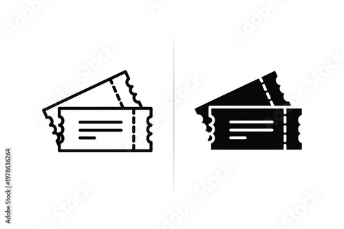 Two stylized ticket icons, one outlined and one solid black, on a white background, vector illustration