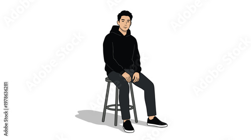 Young Man Sitting on Stool in Casual Clothing.
