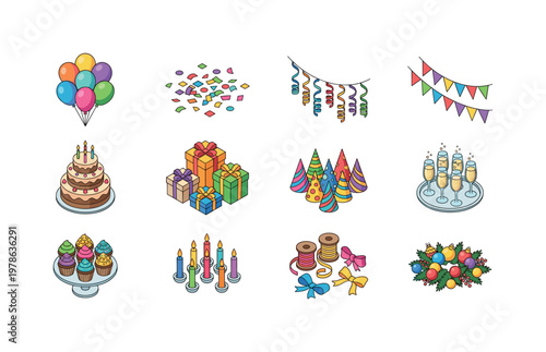 Decorating table with balloons, scattering confetti pieces, draping metallic streamers, hanging bunting flags, placing cake with