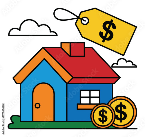 Colorful of a house with a price tag and dollar coins, symbolizing real estate costs