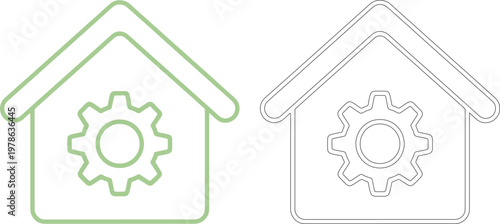Green house outline with gear and black outline version