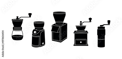 Manual coffee grinder cylindrical body, electric coffee grinder compact unit, burr grinder box shape hopper top, hand crank