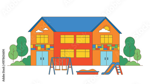 Colorful Playground in Front of a School Building.