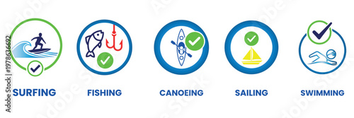 Water sports and outdoor activities icon set 