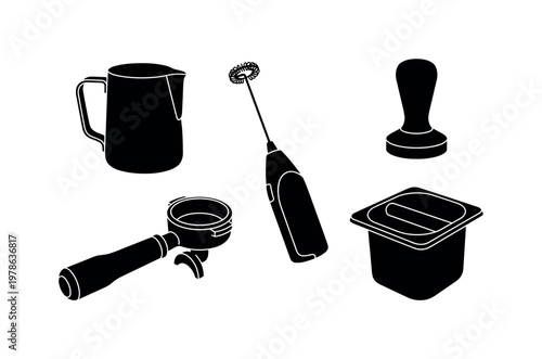 Milk frothing pitcher metal jug, handheld milk frother wand device, coffee tamper flat base tool, barista portafilter handle tool,