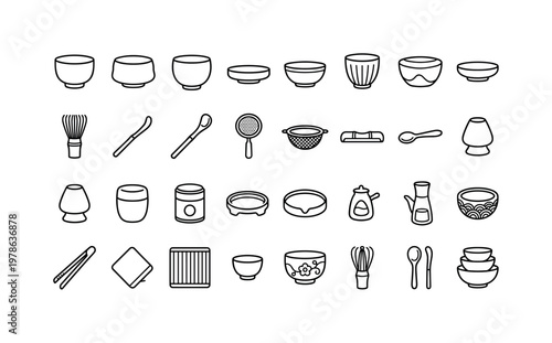 Matcha sets with traditional tea bowls, bamboo whisks, scoops, sifter bowls, and ceremonial tea accessories clean monoline outline