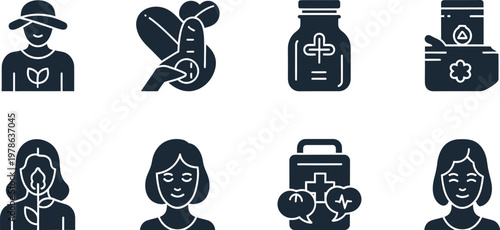 Collection of dark blue glyphs representing cannabis culture including people plants and related products