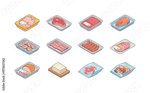 Assortment of packaged meats, seafood, and tofu in isometric view