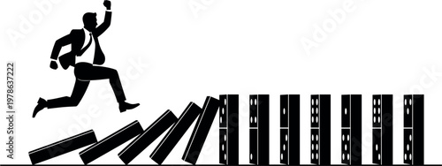 Businessman Running and Jumping Over Falling Domino Blocks Symbolizing Risk Success Strategy Challenge and Leadership in Business Concept