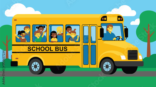 Children Riding School Bus on Sunny Day.