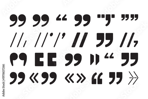 Collection of different quotation mark symbols in various styles and shapes for text.