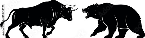 Bull and bear silhouettes facing each other stock market concept finance trading symbol vector illustration isolated on white background