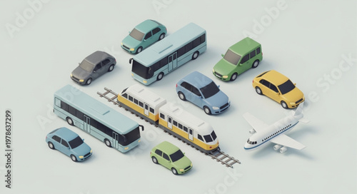 Collection of toy vehicles including cars buses train and airplane.