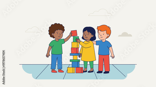 Children Playing with Building Blocks Together.