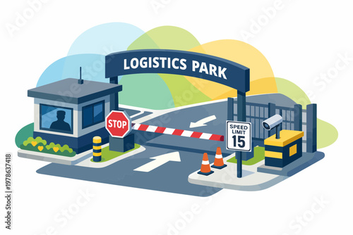 Logistics park entrance with security checkpoint and barrier gate