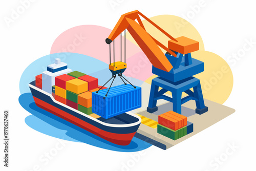 Isometric Global Logistics Shipping Container Ship and Harbor Crane