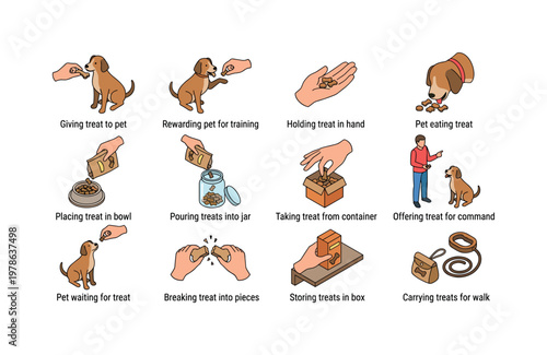 Giving treat to pet, rewarding pet for training, holding treat in hand, pet eating treat, placing treat in bowl, pouring treats