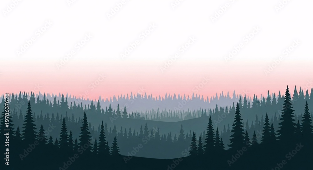 Fototapeta premium Serene forest landscape with pink sunset.