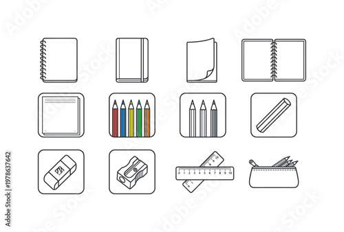 A drawing sketchbook scene with a spiral sketchbook, hardcover sketchbook, softcover sketchbook, open sketchbook, blank pages,