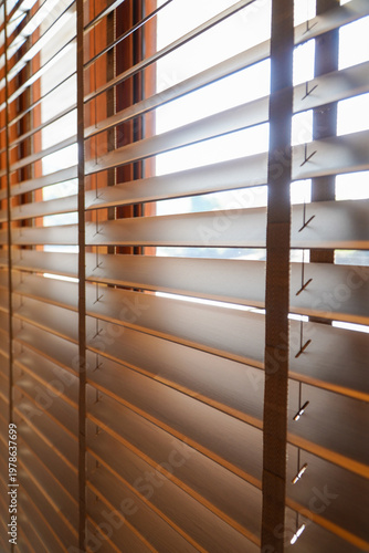 window blinds are brown and the view outside is blurry. The light is dim and the room is cozy