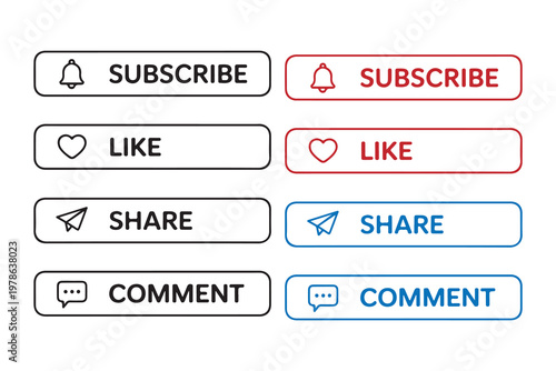 Set of social media call to action buttons like subscribe like share and comment icons.