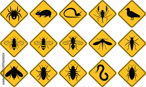Rodent and pest signs vector set, warning and prohibition symbols for rats mice and pest control alert icons isolated on white background.
