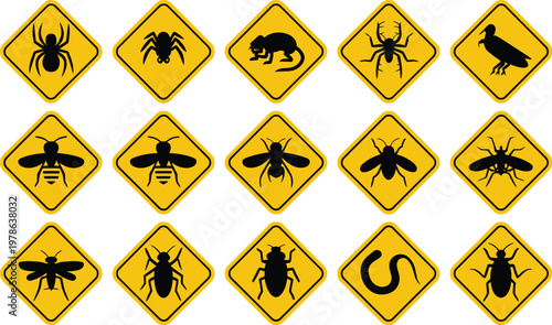 Rodent and pest signs vector set, collection of warning icons representing pest control prohibition symbols for rodents insects and safety signage design.