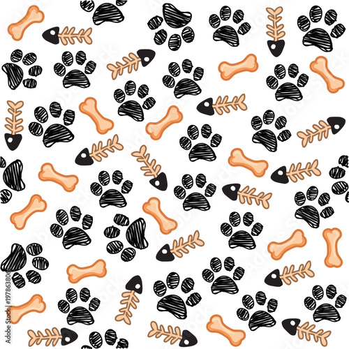 Seamless pattern with hand drawn animal paws bone