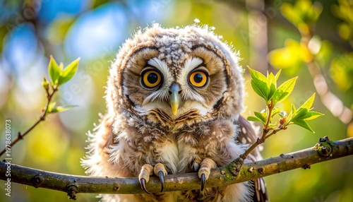 Tawny owl fledgling perched on tree branch with golden eyes in natural light