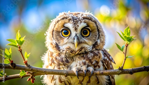 Tawny owl fledgling perched on branch with golden eyes in soft natural light