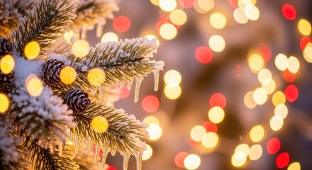 A snowy Christmas tree with icicles and pine cones against a blurred background of fairy lights.