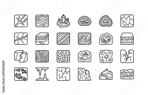 Mountain mineral formations with veins, layers, geodes, strata patterns and geological rock structures clean monoline outline icon