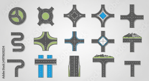 Collection of diverse road intersection designs and traffic planning elements.