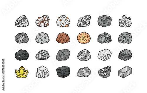 Mountain mineral ores with metallic rocks, raw deposits, extracted chunks and natural mining specimens clean monoline outline icon