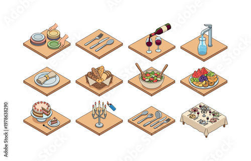 Placing dishes on table, arranging cutlery, pouring wine into glasses, filling water carafe, setting napkins, placing bread basket