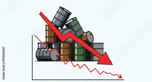 Oil barrels and downward trending graph symbolizing falling oil prices.