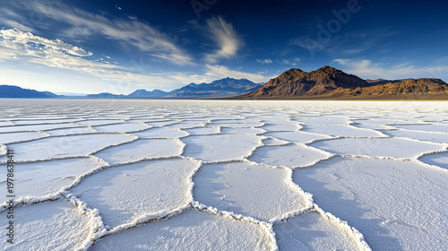 Crystalline salt flat landscape with geometric patterns and mountains