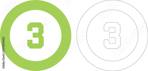 Green number 3 inside circle and outline number 3 three