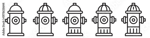 fire hydrant icons set, urban water safety equipment collection, minimal vector outline illustration isolated on transparent background