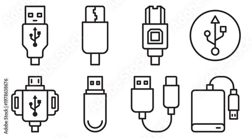 usb connector icons set, cable and plug collection, minimal vector outline illustration isolated on transparent background