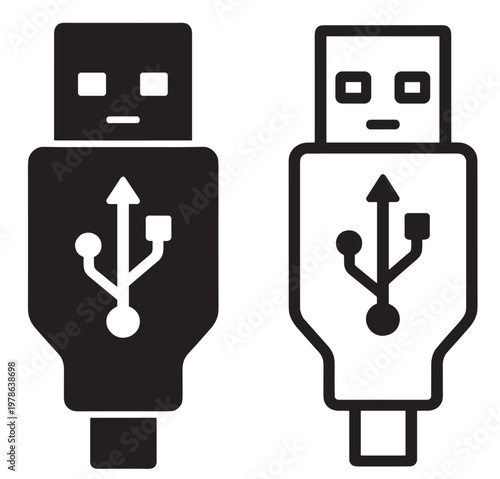 usb flash drive icon with symbol, portable storage device illustration, minimal vector outline and solid style isolated on transparent background