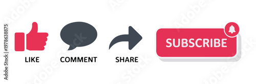 Modern social media engagement icons for like comment share and subscribe buttons with notification bell vector.