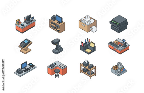 Checkout counter setup, POS equipment storage, receipt paper storage box, cash register drawer storage, payment terminal stand,